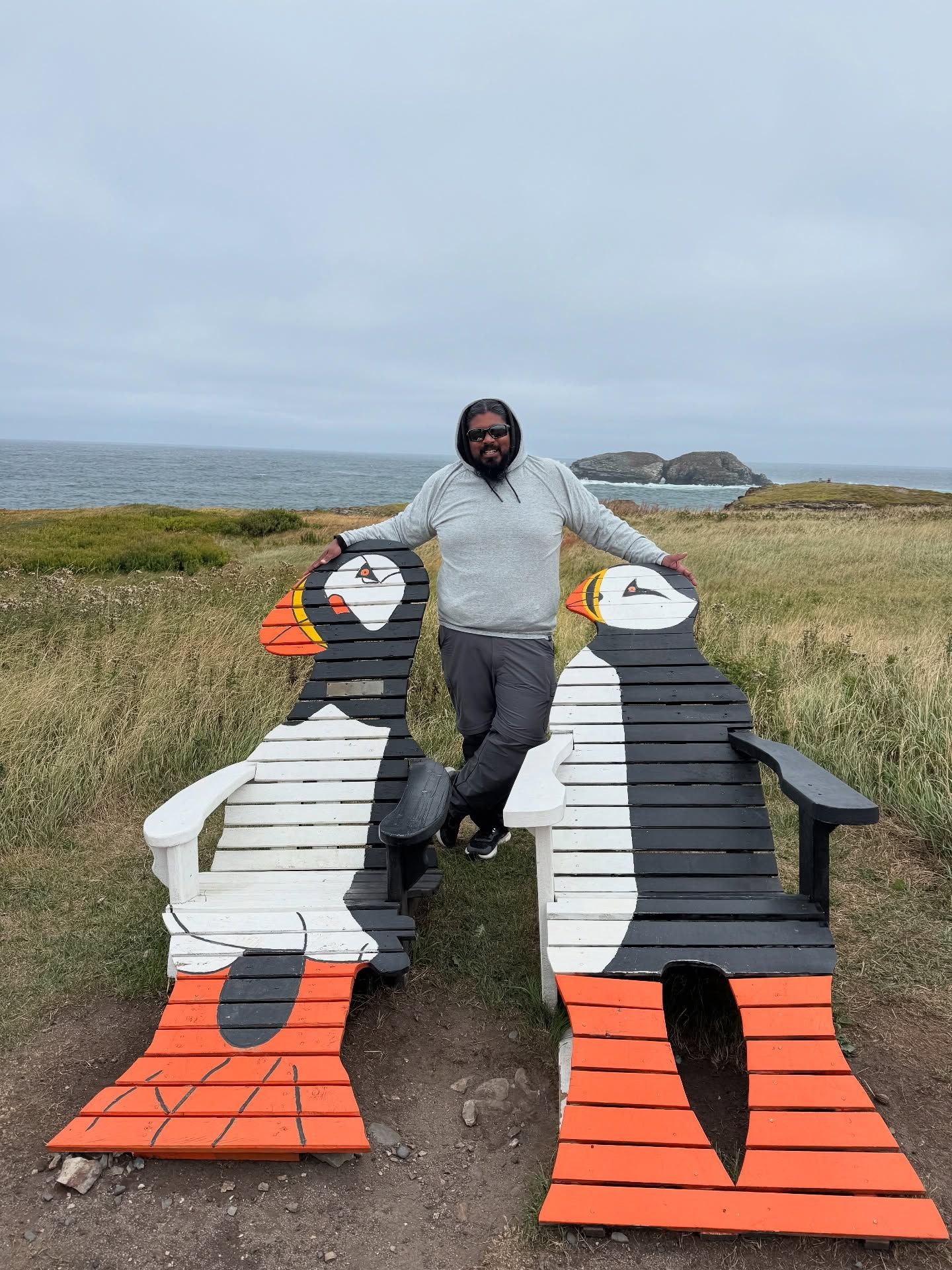 Man with arms spread stands between two puffin-painted Adirondack chairs overlooking ocean and rocky cliffs.