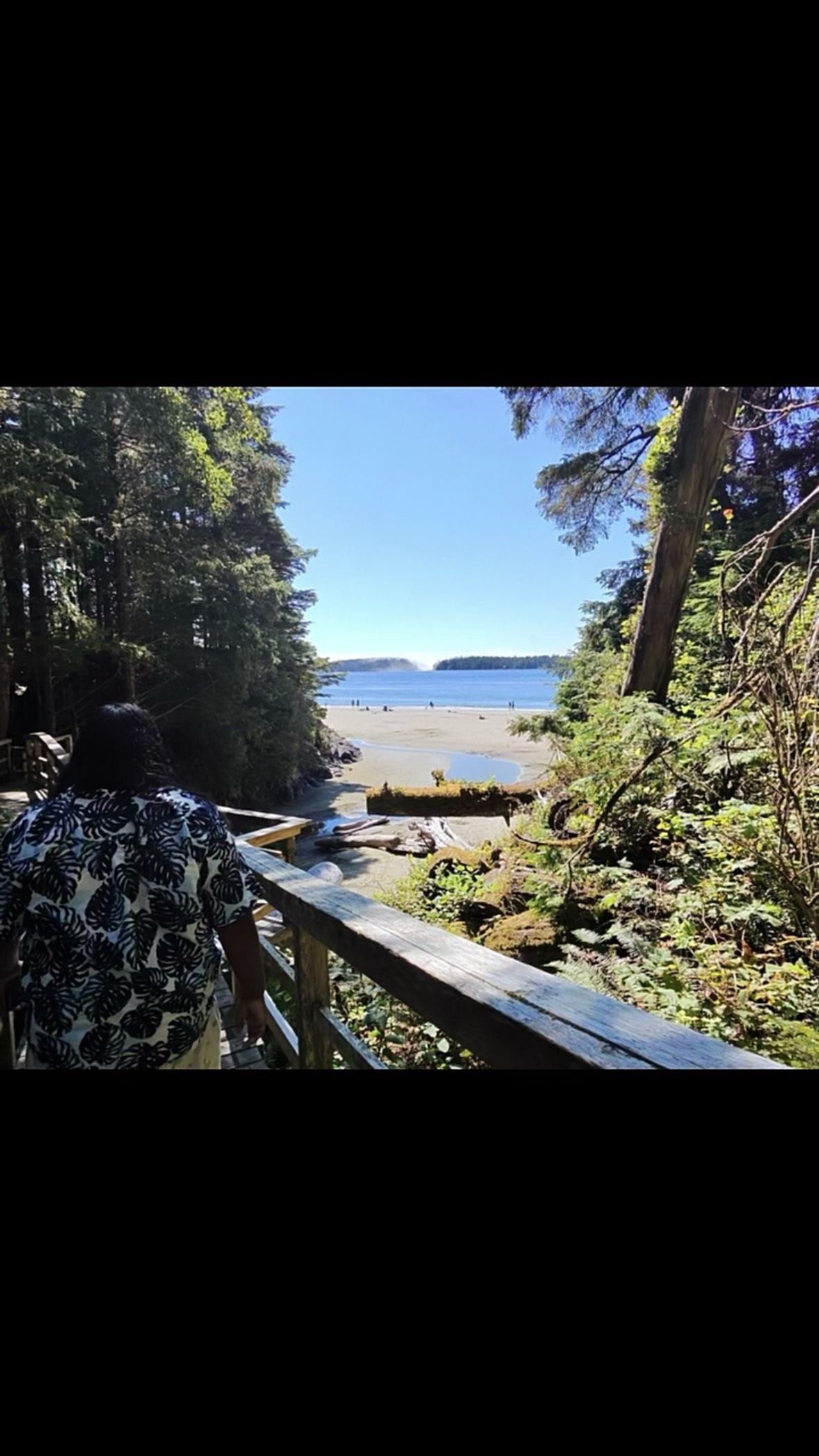 Person in patterned shirt stands on wooden deck overlooking sandy beach and distant mountains.