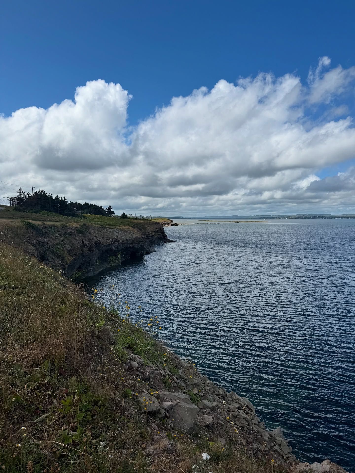 Rocky coastal cliff overlooks blue ocean with dramatic white clouds above.
