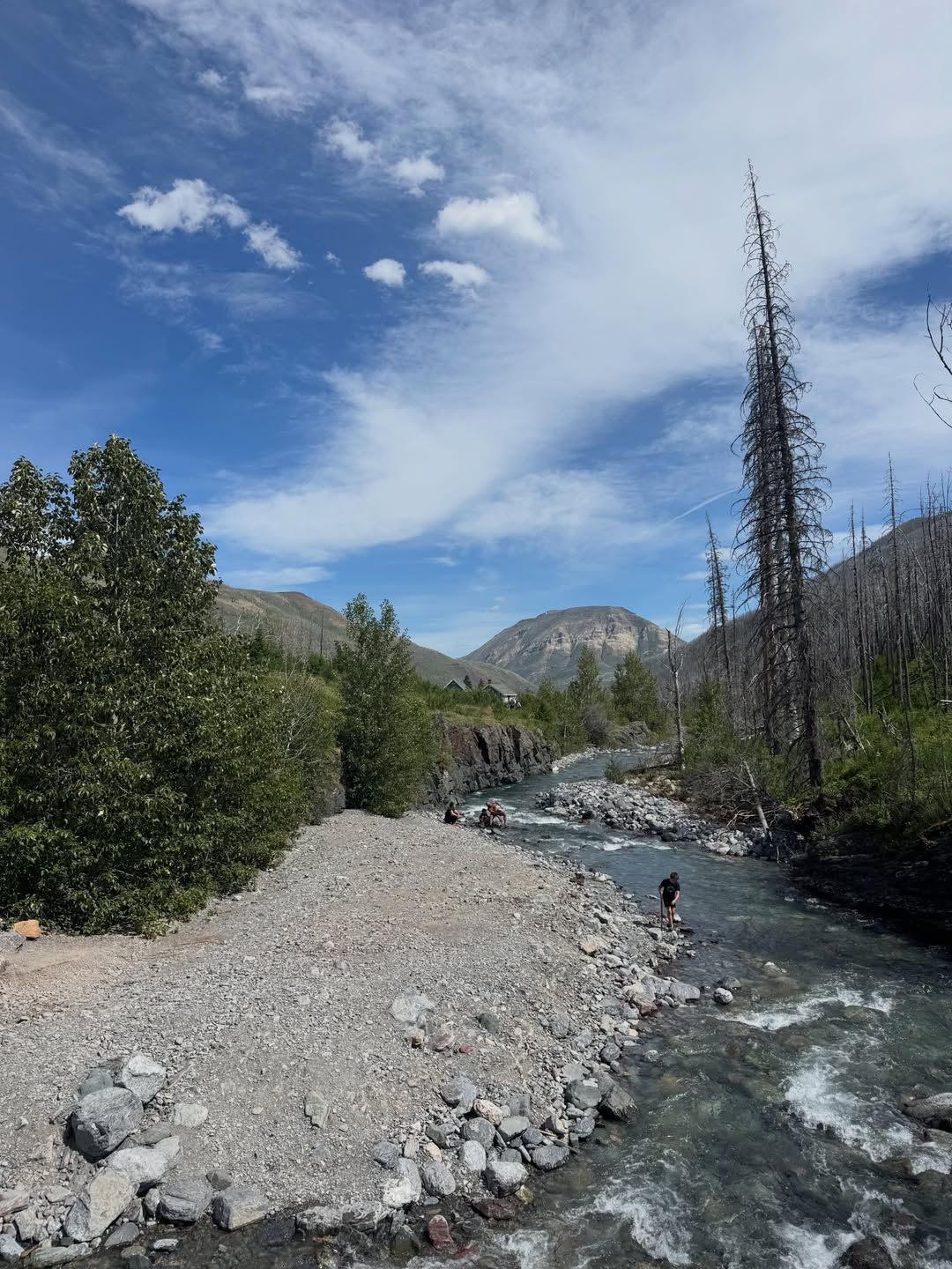 River flowing through forested valley with mountains and people on gravel shore.