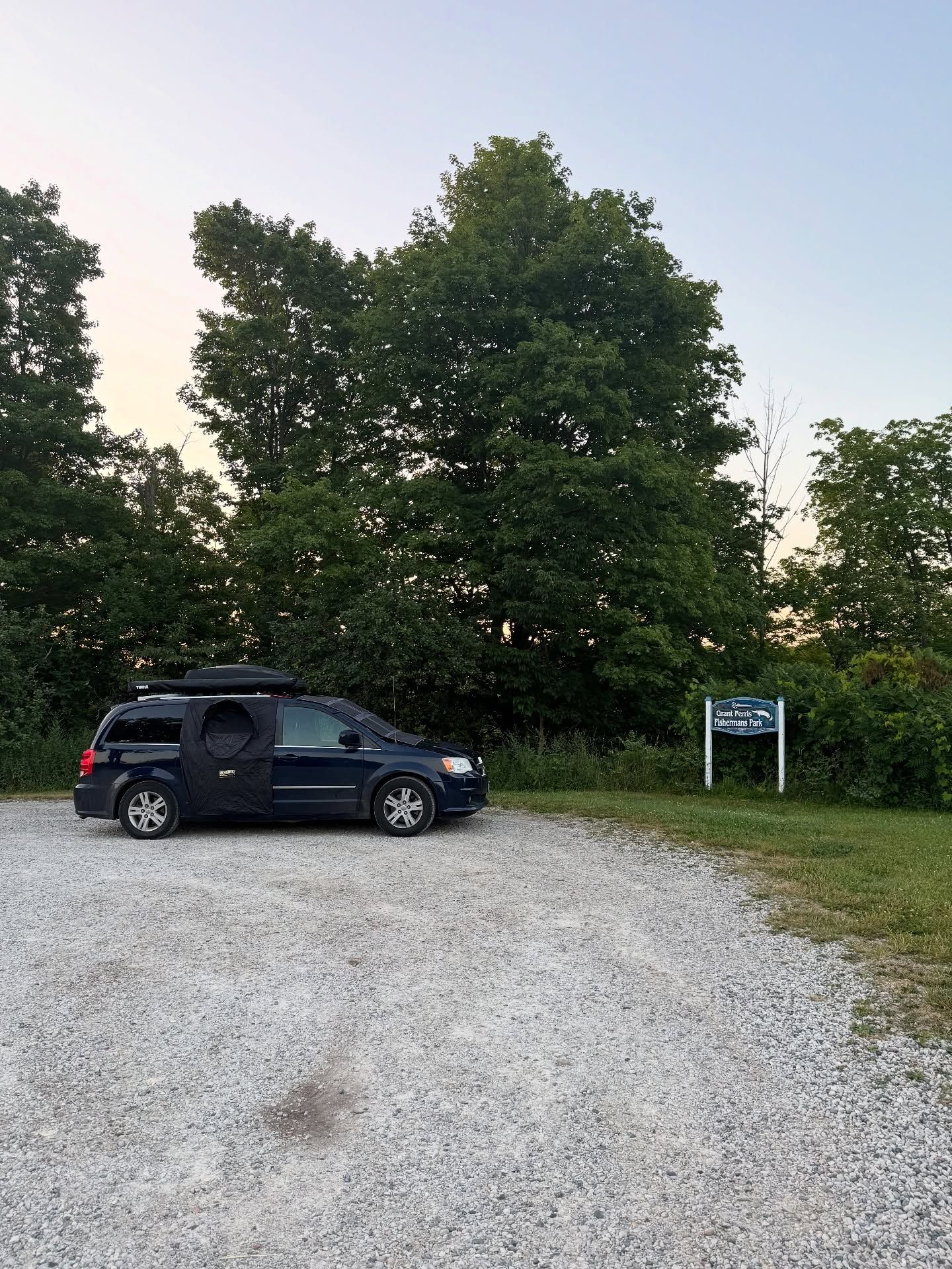 Dark minivan with rooftop cargo box parked at a tree-lined location.