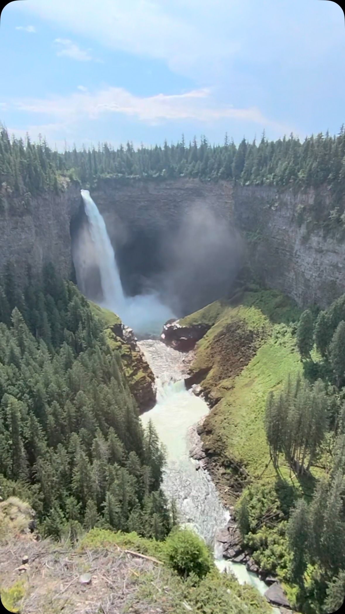 Waterfall cascading into pool in forested canyon with cliff walls.