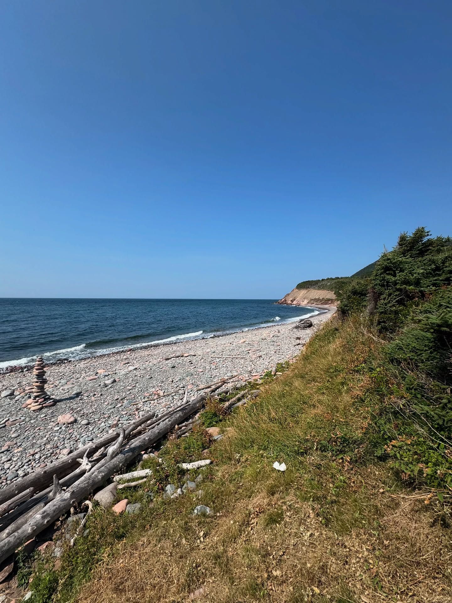 Rocky beach with driftwood logs, tall eroded cliff, and forested hillside.