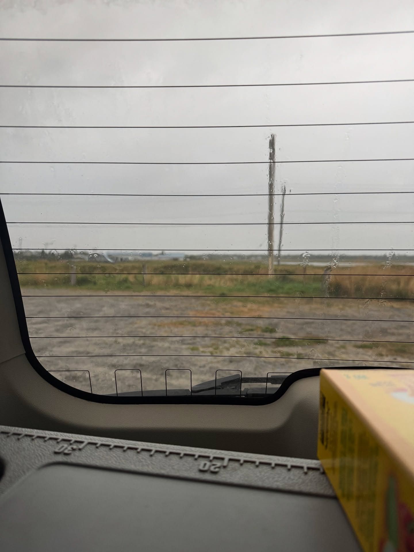 Prairie landscape stretches to horizon, viewed from inside van through open window.