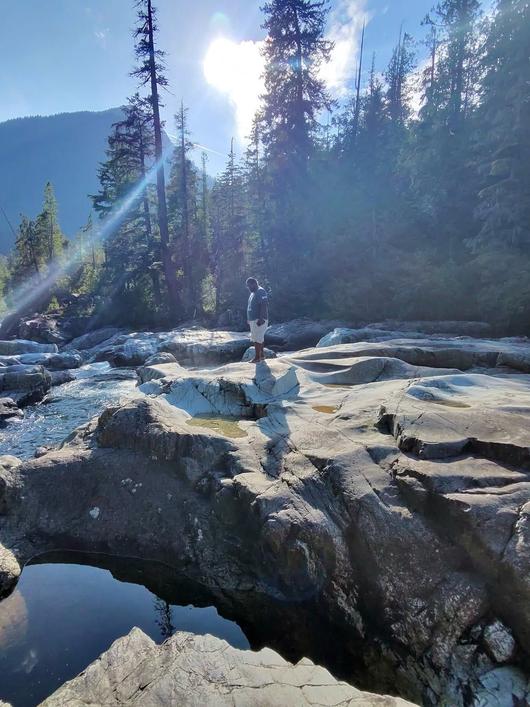 Person stands on rocky terrain near forest with sunlight streaming through.